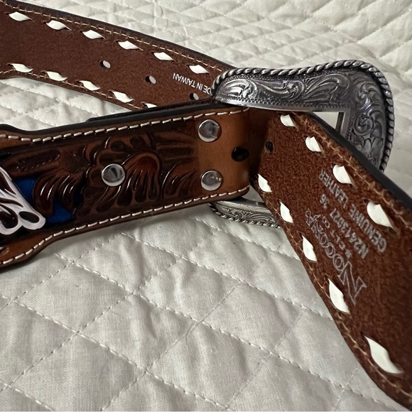 Nocona Genuine Leather Color Embossed Floral Stitch Belt Large Silver Buckle 36 - Picture 8 of 10